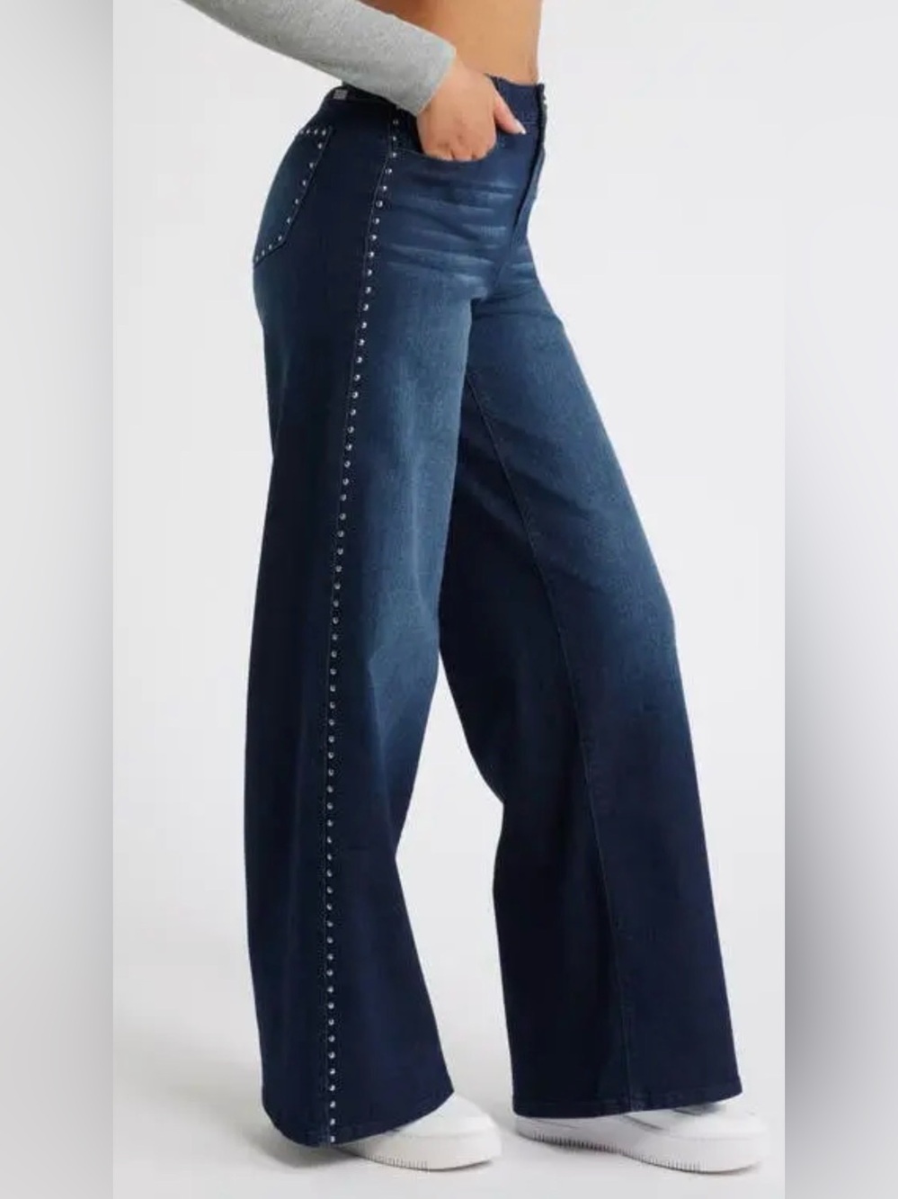 1822 Denim Studded High-Waisted Wide-Leg Jeans